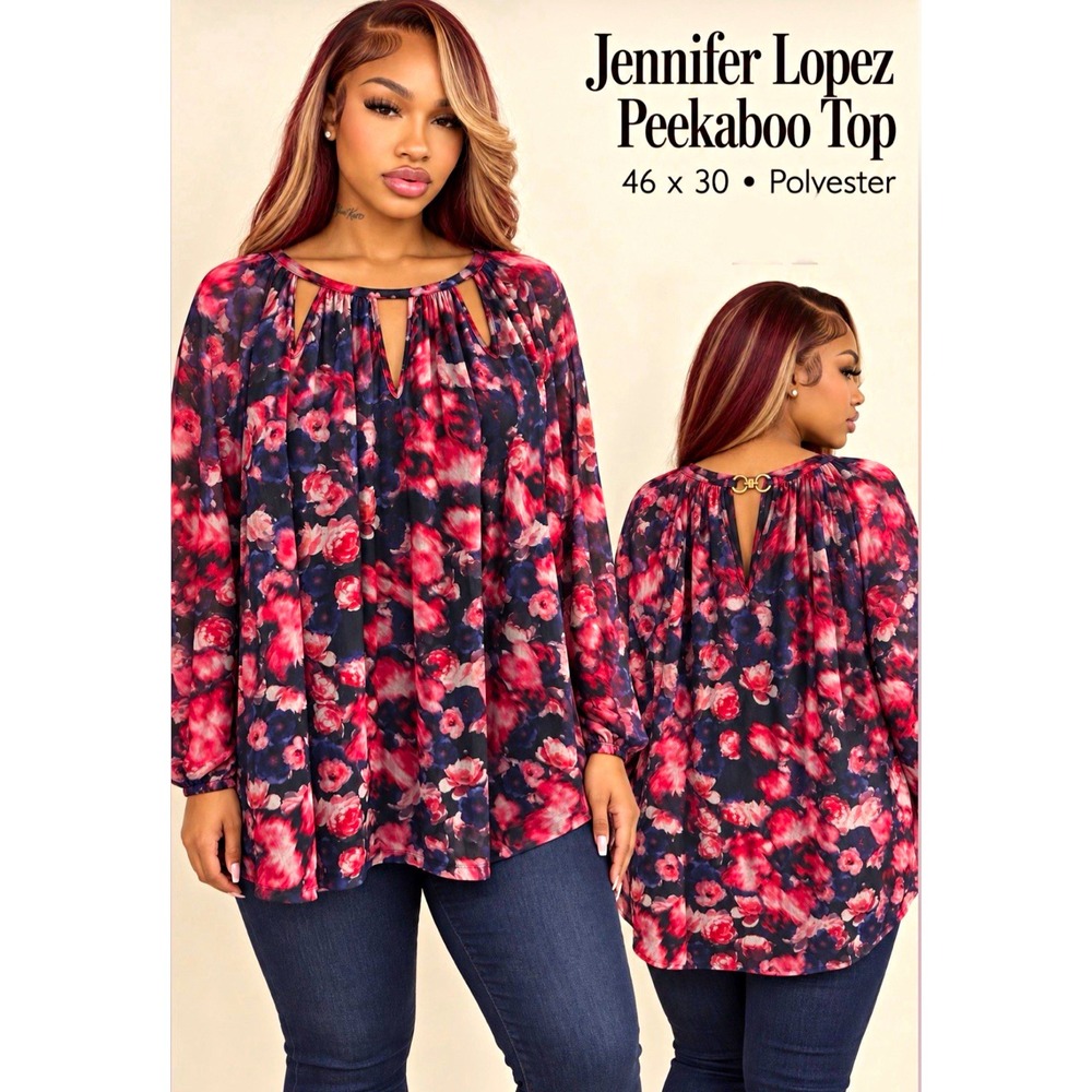 New 0X Jennifer Lopez Multi Tunic Blouse V-Neck Long Sleeve top #1730*8 (JFT)